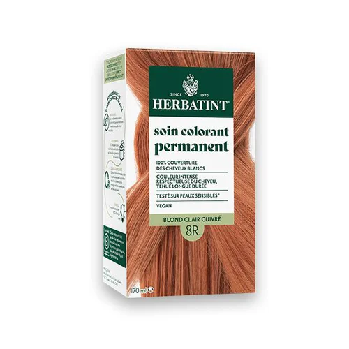 Coloration permanente pour cheveux blond clair cuivré 8R aux extraits végétaux biologiques vegan Herbatint - 170 ml