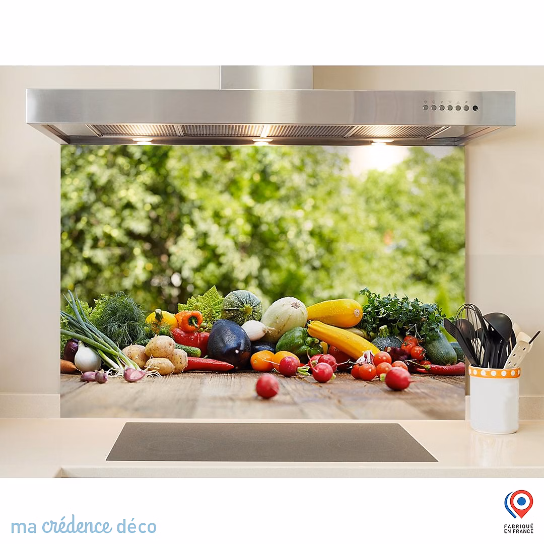 Crédence cuisine fond de hotte Légumes et jardin | Verre trempé – L 90 cm x H 60 cm – MaCrédenceDéco