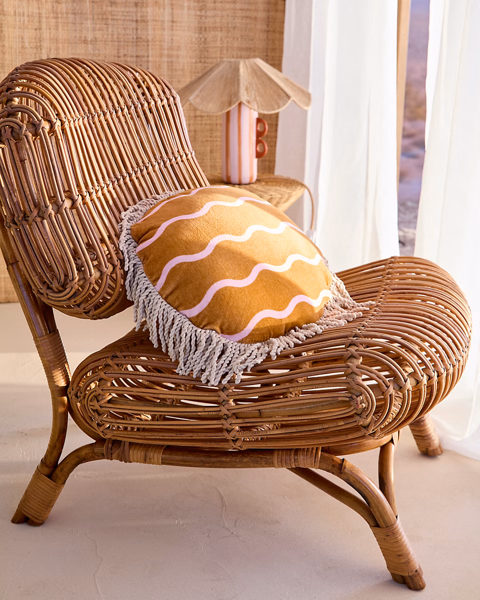 Coussin rond en coton effet velours marron à franges Ø.40 cm Maison Paloma x Castorama – Réf. PGLNFDAUB9548238038
