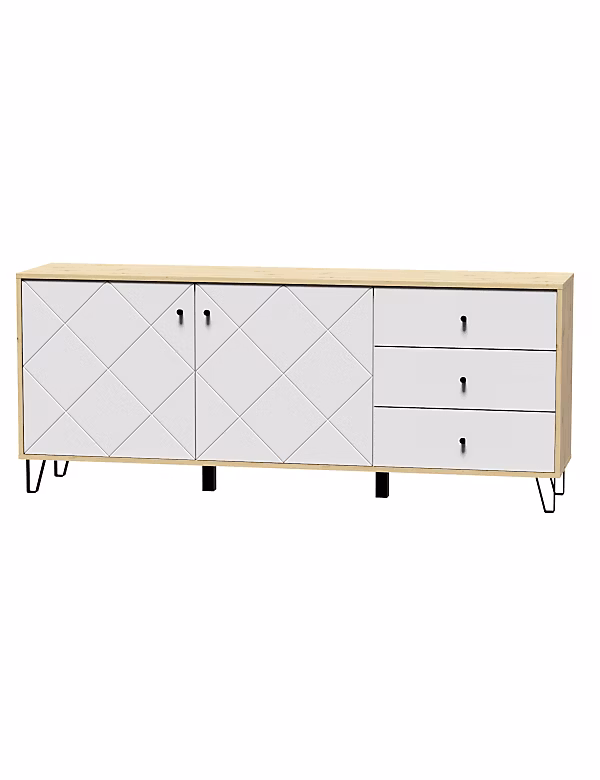 Bahut à 2 portes et 3 tiroirs BILBAO coloris chêne et blanc mat 183 – 4 cm