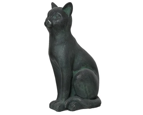 Statue de chat assis en polymagnésium vert antique - 23 x 33 x 54 cm
