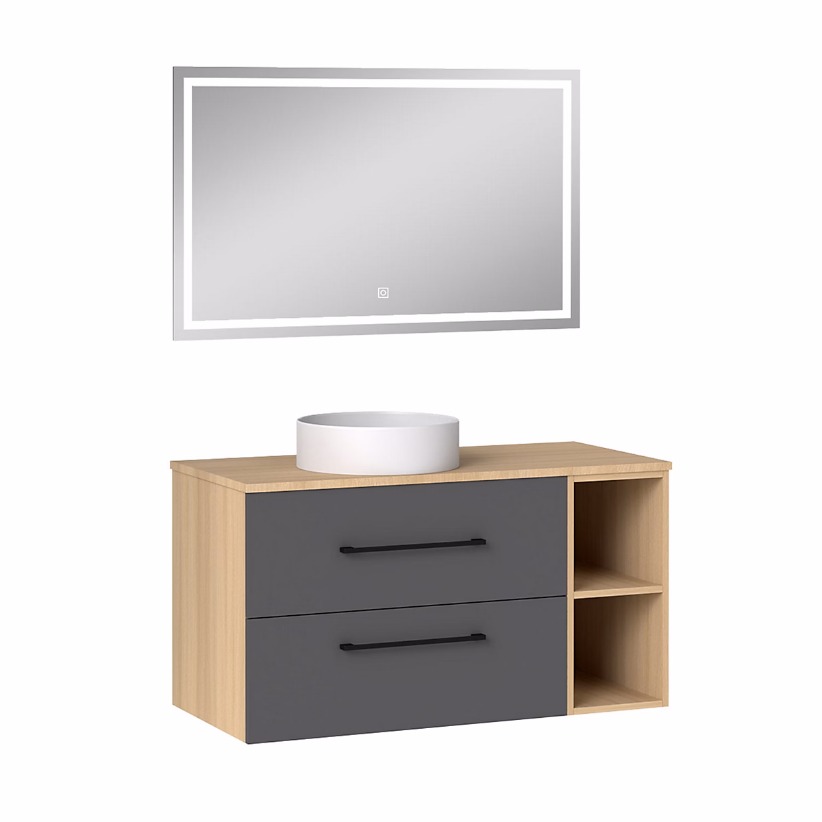 Ensemble meuble de Salle de Bain Suspendu 100cm avec vasque à poser + 2 Rangements Ouverts – Miroir LED Dimmable