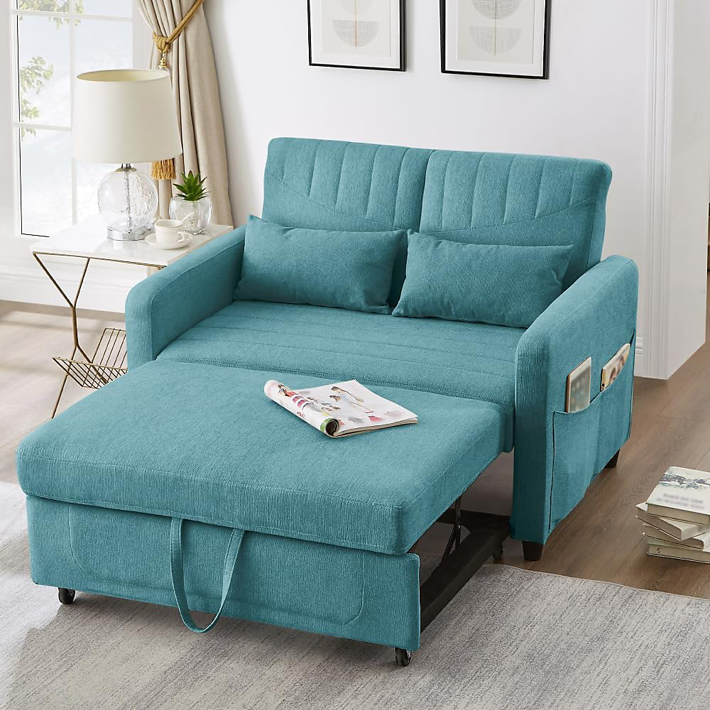 Canapé Convertible 2 Places – Moderne Canapé Convertible avec Fonction De Couchage, Poches Accoudoirs, Mousse, bleu