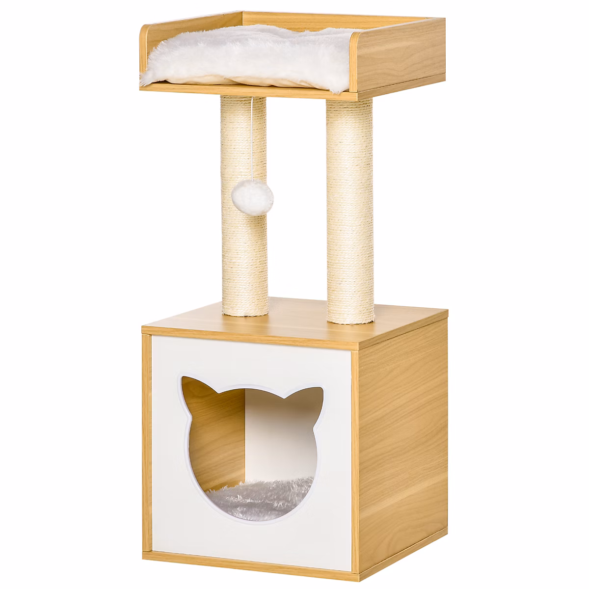 Arbre à chat 2 griffoirs niche entrée tête de chat plateforme observation balle coussins amovibles peluche aspect bois clair | Chat