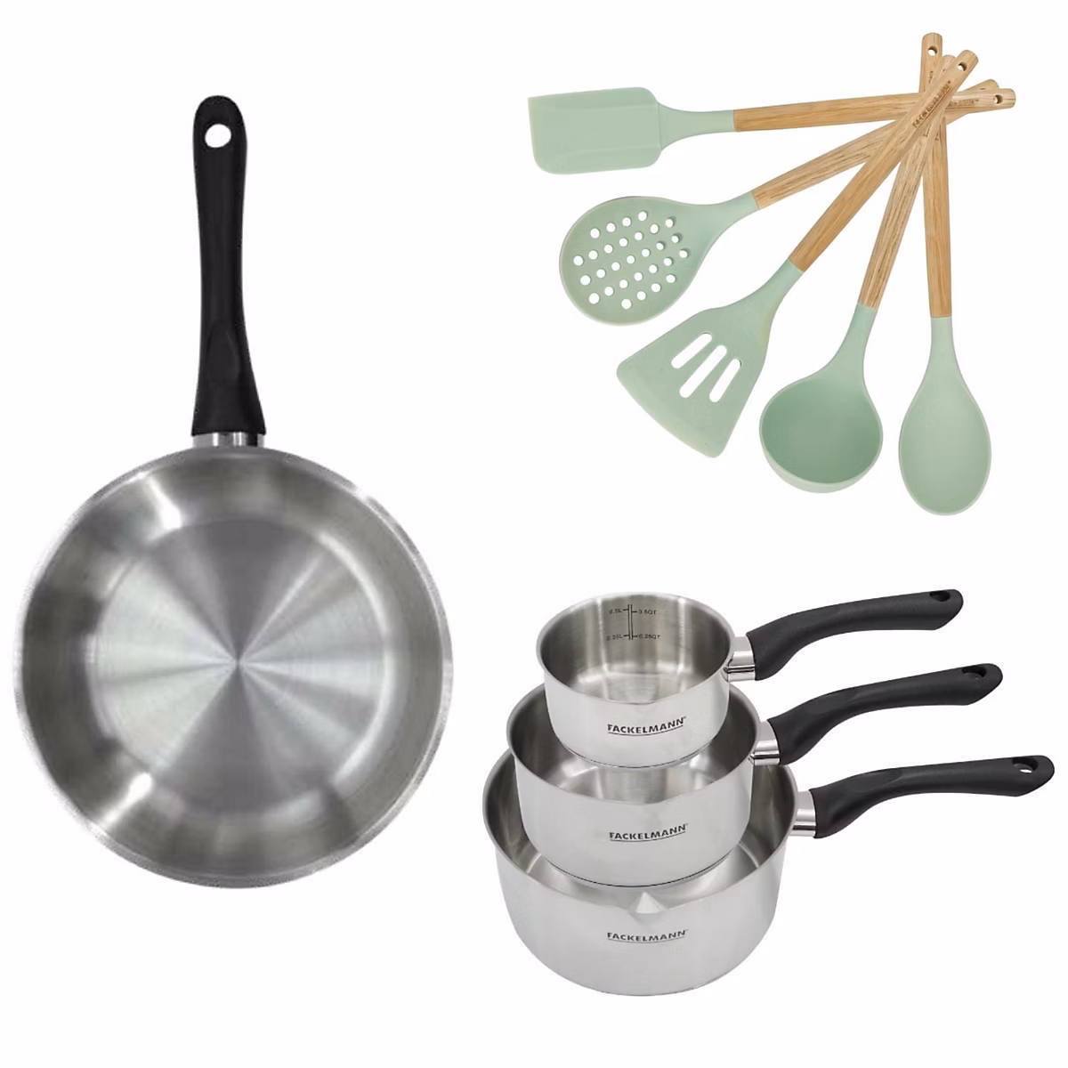 Batterie de cuisine avec 3 casseroles 12/16/20 cm et 1 poêle 28 cm avec 5 ustensiles de cuisine sans PFAS Fackelmann Généva Océan – Réf. HGVOBQDKL0162619474