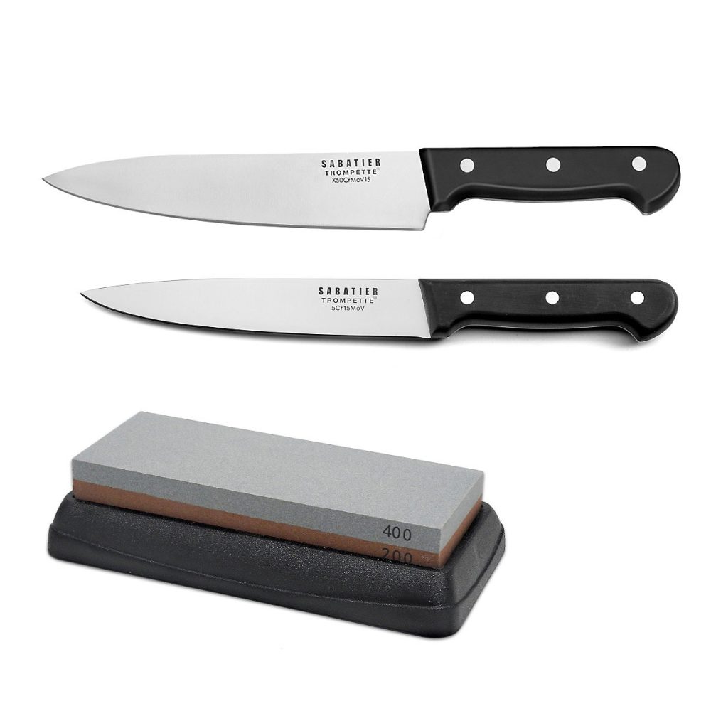 Ensemble de 2 couteaux de cuisine et 1 pierre à aiguiser Noir – Universal par Sabatier Trompette