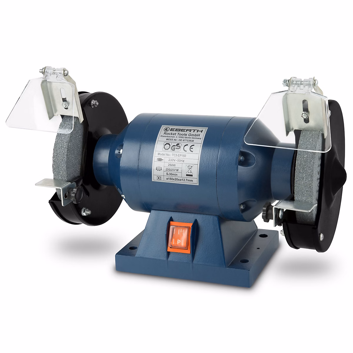 EBERTH Touret à Meuler Double Ponceuse Électrique 250W Meule Grossière A36 Meule Fine A60 de 150mm de Diamètre 2x Pare-Étincelles – Réf. HEIHLCGHW4351357140