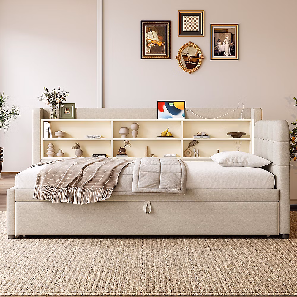 Canapé – lit gigogne 90 × 200 cm | USB/Type | C | rangement | sommier lattes | lin | beige