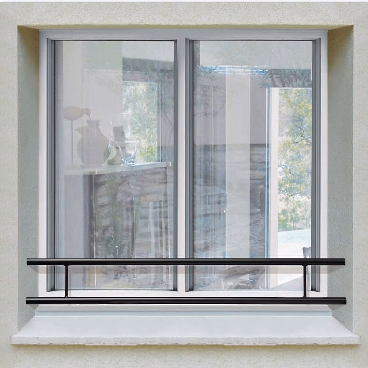 Barre d appui 2 lisses | Fenêtre 120 cm cote tableau – acier rectangulaire 20 × 40 mm – prépeinte noir – fixation par scellement