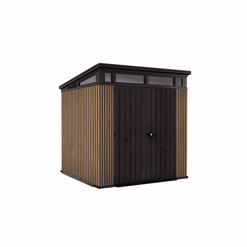 Abri de jardin en résine EVOTECH+ effet bois 216 × 218 cm avec plancher et double porte charge neige 150 kg/m² Pent 7x7 Venetian