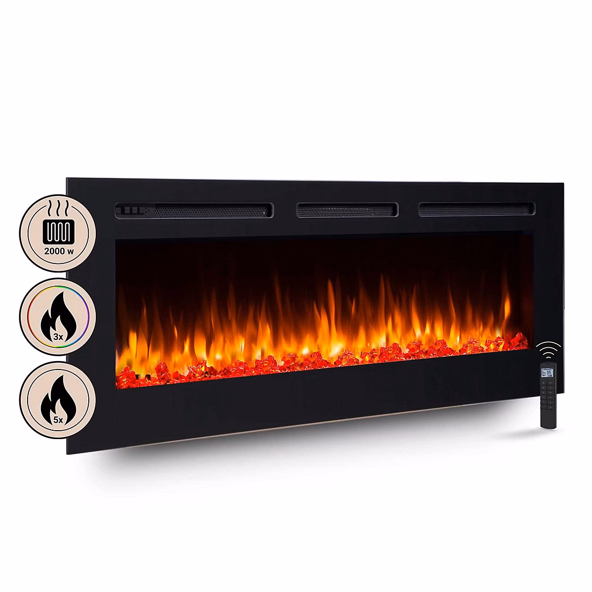 Cheminée électrique BALDERIA Fiamma 60 | Cheminée encastrable – chauffage 2000 W – Noir