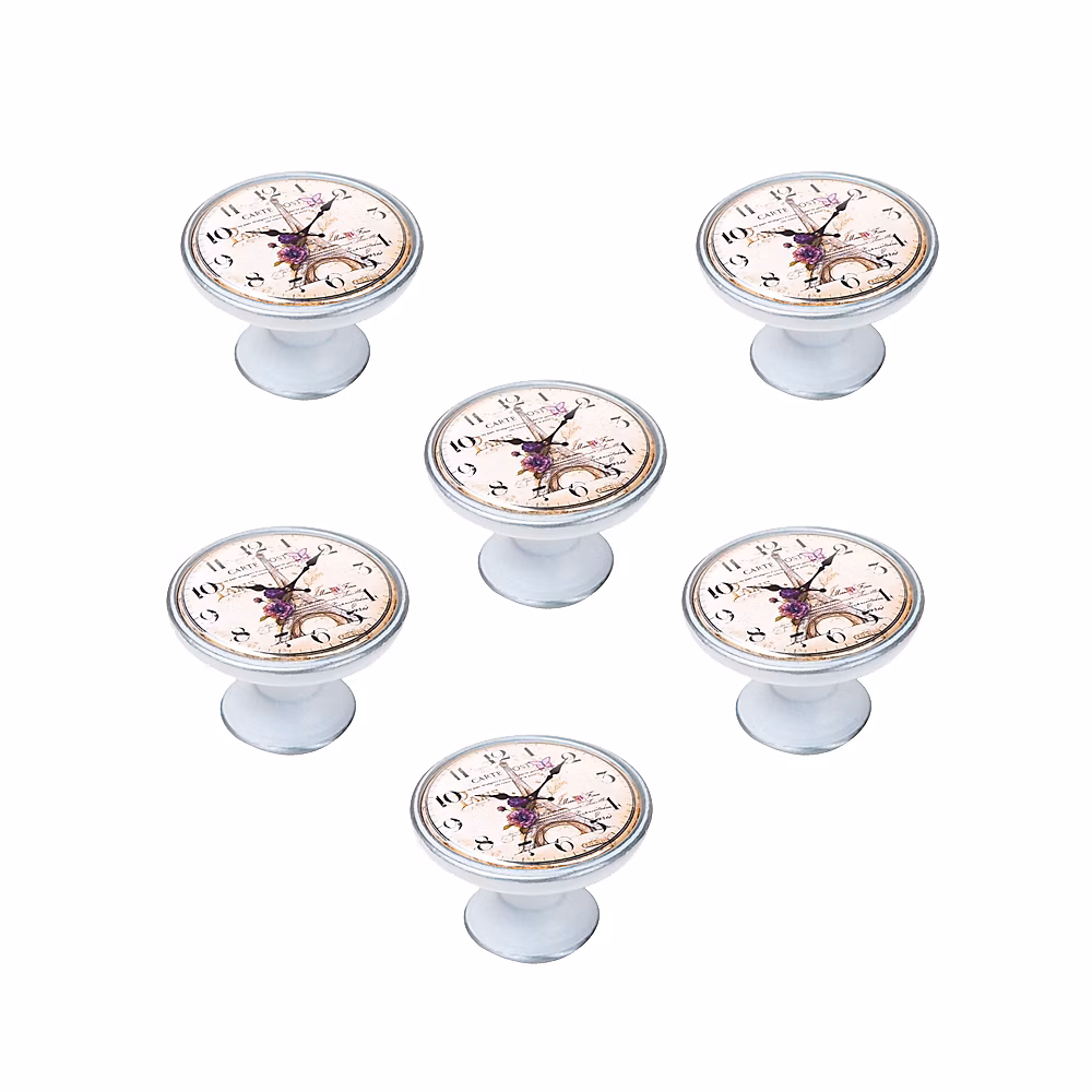 6 Un. bouton poignées de meuble Vintage Retro métal argent patine blanc horloge – diamètre 37MM