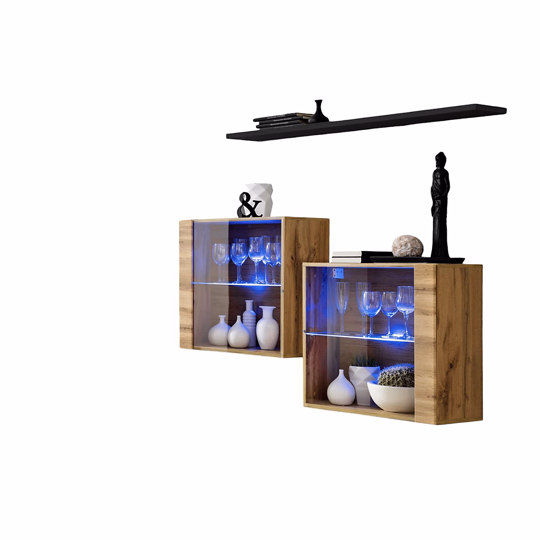 Composition murale SWITCH SBIII Cubes vitrés LED et étagère Chene Wotan et noir Design moderne – Réf. GFZQYVUBZ4364278442