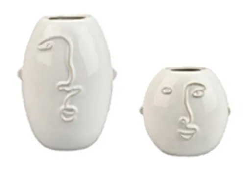 Vase en céramique décor visage coloris blanc grand modèle - 12 x 16,5 x 16 cm