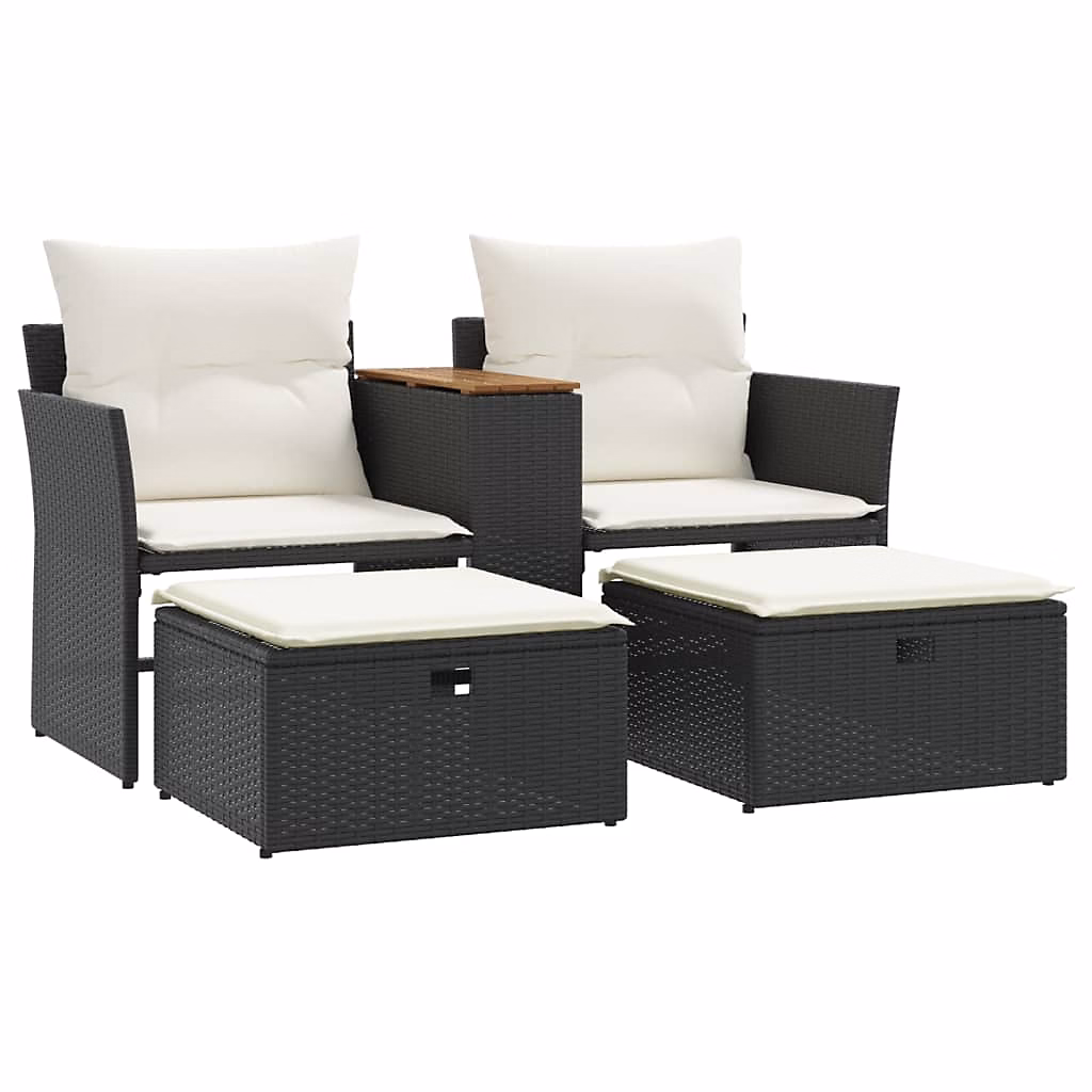 Canapé de jardin 2 places avec tabourets résine tressée (138 × 50 × 60 cm – Noir)