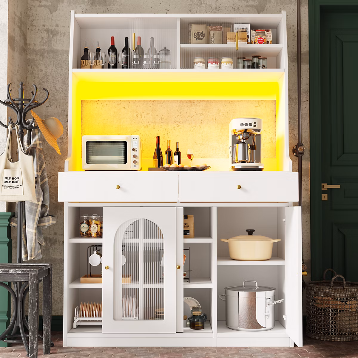 Buffet de cuisine 120 cm blanc avec LED – portes vitrées et 2 tiroirs