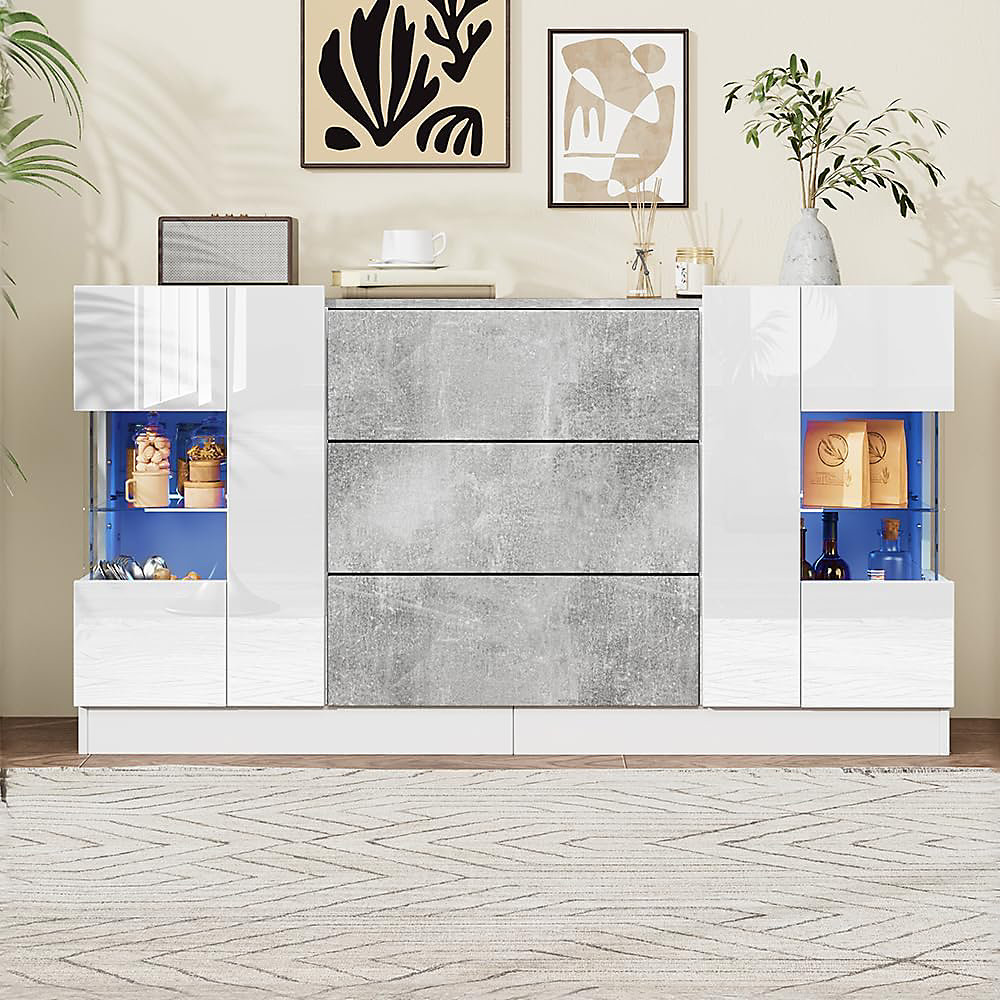 Buffet élégant 140 × 35 × 75 cm – 2 portes, 3 tiroirs, panneaux laqués blancs, éclairage LED 16 couleurs, finition marbre gris