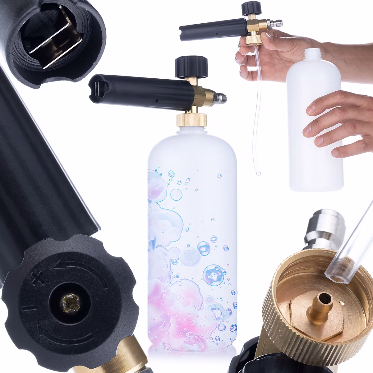 Canon à Mousse 1L avec Raccord Rapide – Laiton, 200 BAR, Réglable, Pour Nettoyeur Haute Pression Rosfix/Lavor/Parkside