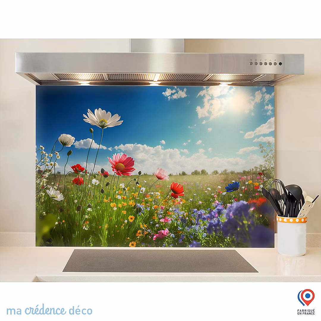 Crédence cuisine fond de hotte fleurs sauvages 3 – Verre trempé, L 90 cm x H 60 cm, MaCrédenceDéco