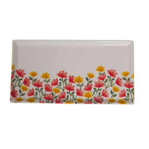 Plat à cake rectangulaire en céramique blanche à motif fleurs Louise - 31 x 16 x 1 cm