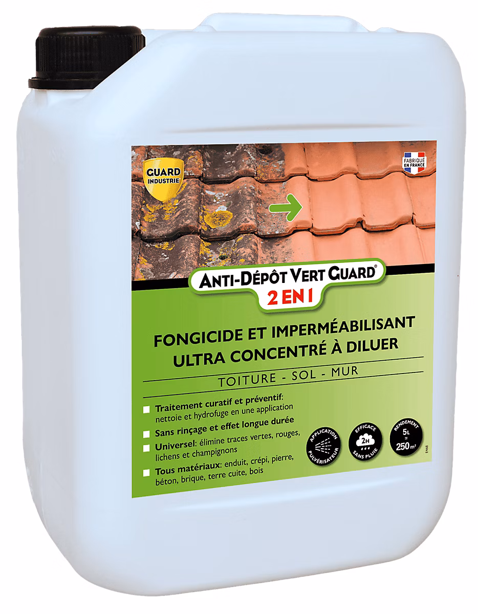 Etanchéité – Anti Dépôt Vert Guard 2en1 Nettoyant Imperméabilisant Invisible Anti Verdissure 5 L traite 250 m²