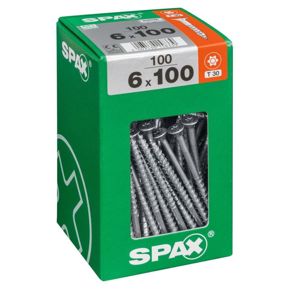 CENTRALE BRICO Lot de 100 vis acier tête fraisée torx SPAX, Diam.6 mm x L.100 mm – Matériel de jardin