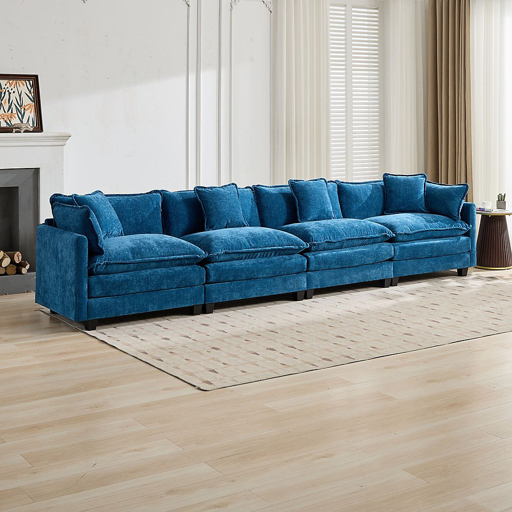 Canapé Cloud 4 places – bleu, moderne, salon, chambre, appartement, tissu chenille respirant, coussin rembourré double couche