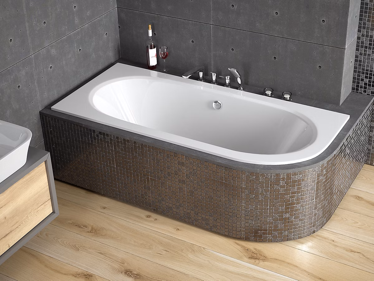 Baignoire asymétrique 170 × 75 Gauche AVITA SLIM acrylique blanc + Habillage en polystyrène + Pieds + Vidage à chromé