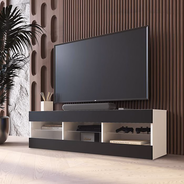 Banc TV Tivoli RTV Komodee – sans LED, Noir et Blanc, Facades en Mat, 140 × 41 × 35 cm