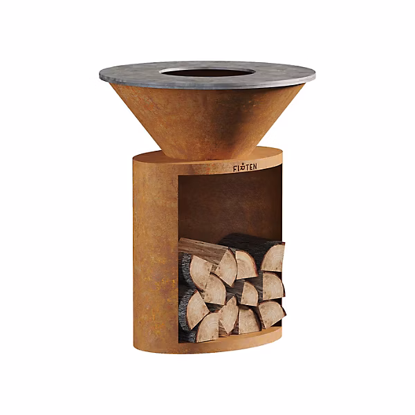 Brasero en acier corten ellipse diamètre 80 cm avec plaque de cuisson – FIRTEN