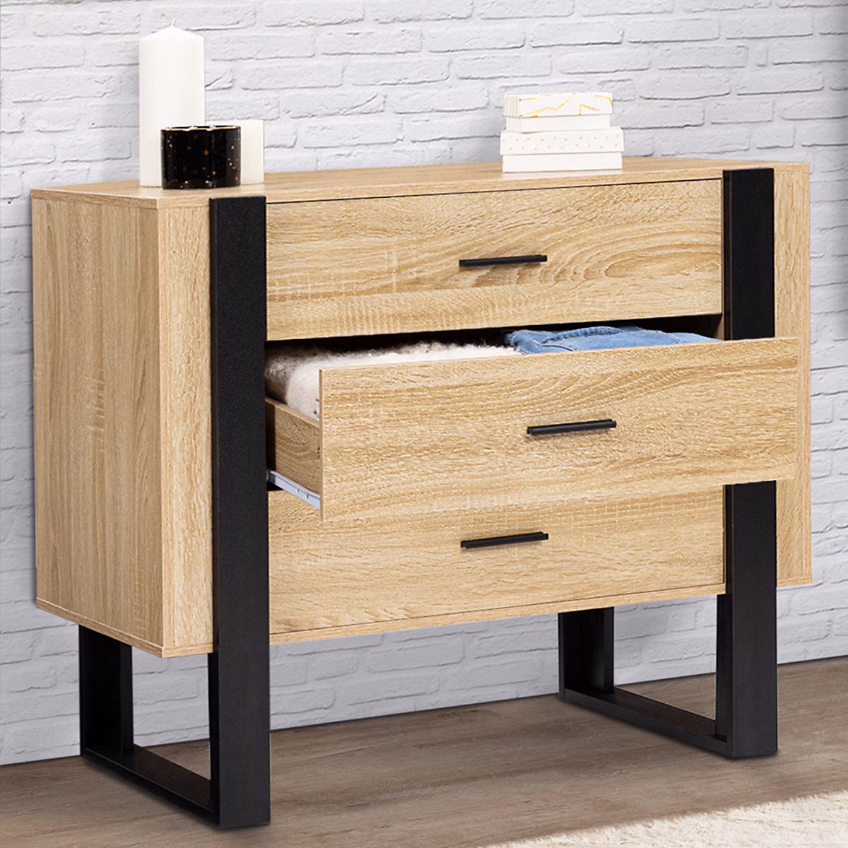 Commode 3 tiroirs PHOENIX 80 cm bois et noir – Réf. TJSXPUKIM3713173604