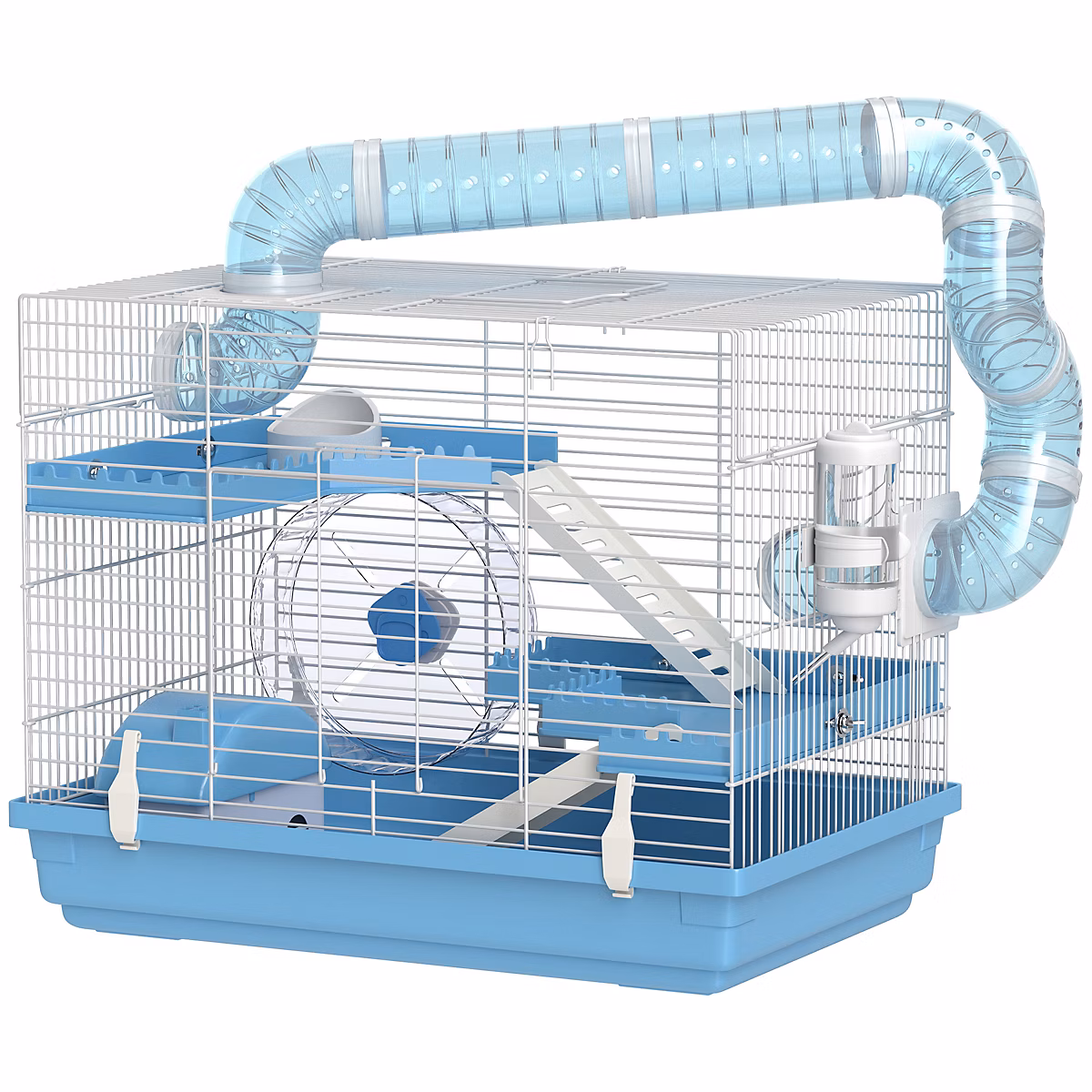 Cage pour hamster portable 2 portes 2 étages nombreux accessoires et tubes blanc bleu – Réf. EQFZMOZOV9391919330