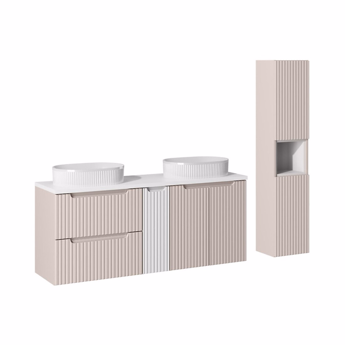 Ensemble VANO cachemire et blanc 170cm : meubles sous vasque à tiroirs et placards et vasques à poser rainurées et colonne – Réf. LLPLFTOJH8626334712