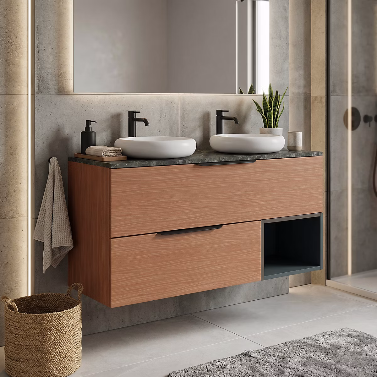 Ensemble meubles de salle de bains Kentia l.120 cm effet noyer et vert forêt avec plan de toilette Cadélia effet marbre vert – Réf. XXYPDFENG1075099411