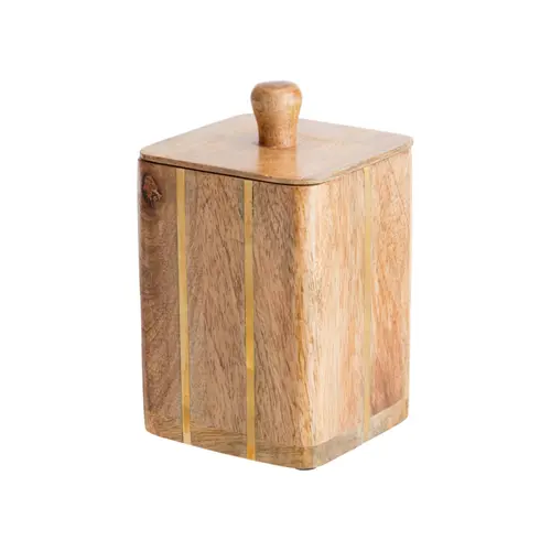 Boîte carrée en bois de manguier avec lignes laiton et couvercle - 10 x 10 x 16 cm