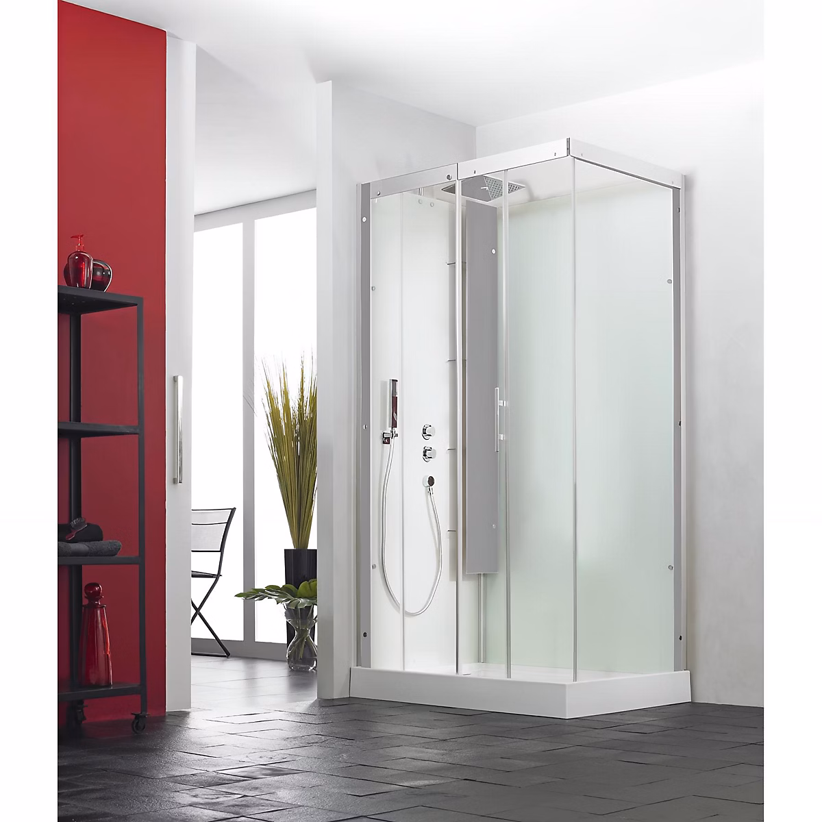 Cabine de douche KINEDO HORIZON 120x91 hauteur receveur 12 – 5cm thermostatique finition acier