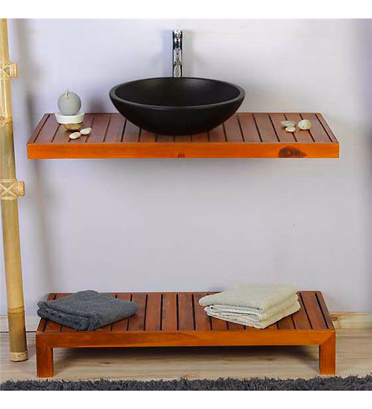 Ensemble meuble vasque miroir et banc japonais salle de bain Gempo 100 cm en bois teck naturel Taille – Meuble Seul