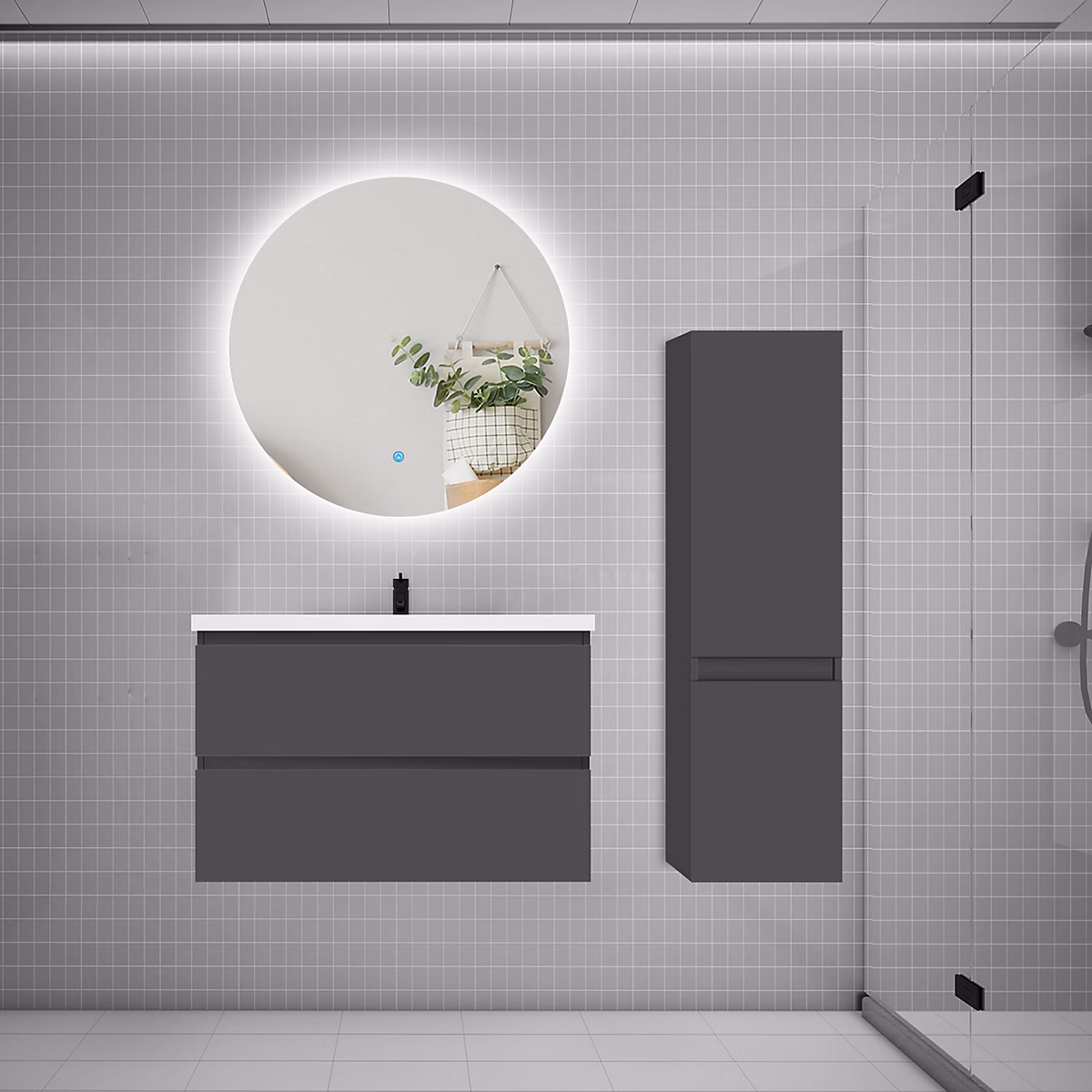 Ensemble meuble de salle de bain et lavabo anthracite (L.80cm) 2 tiroirs + meuble haut + lavabo + miroir rond LED – Réf. HJFSZMSHE1913851108