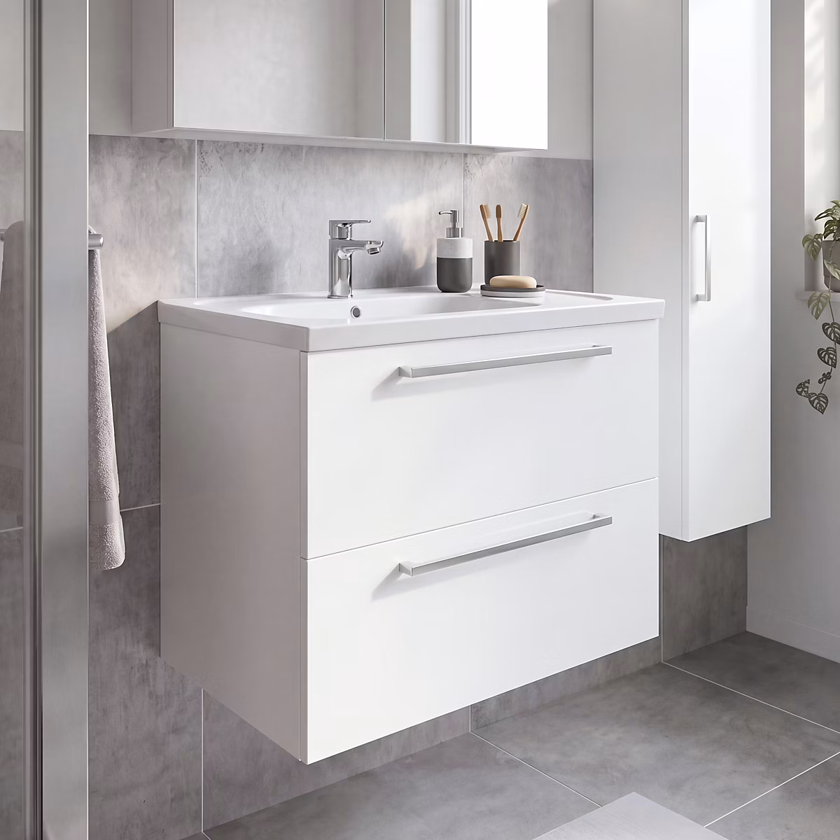 Meuble sous vasque suspendu blanc brillant l.80 cm 2 tiroirs Imandra + plan vasque blanc céramique Levanna – GoodHome