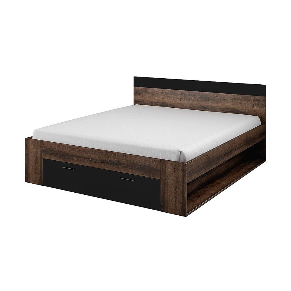 Meuble de chambre – Ensemble Lit 180x200 plus Chevets collection EOS. Couleur chene foncé et noir.