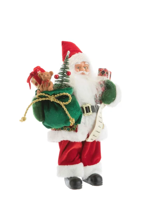Père Noël traditionnel en tissu rouge et vert avec cadeaux - 46 cm