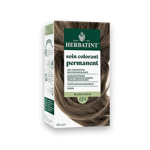 Coloration permanente pour cheveux blond foncé 6N aux extraits végétaux biologiques vegan Herbatint - 170 ml
