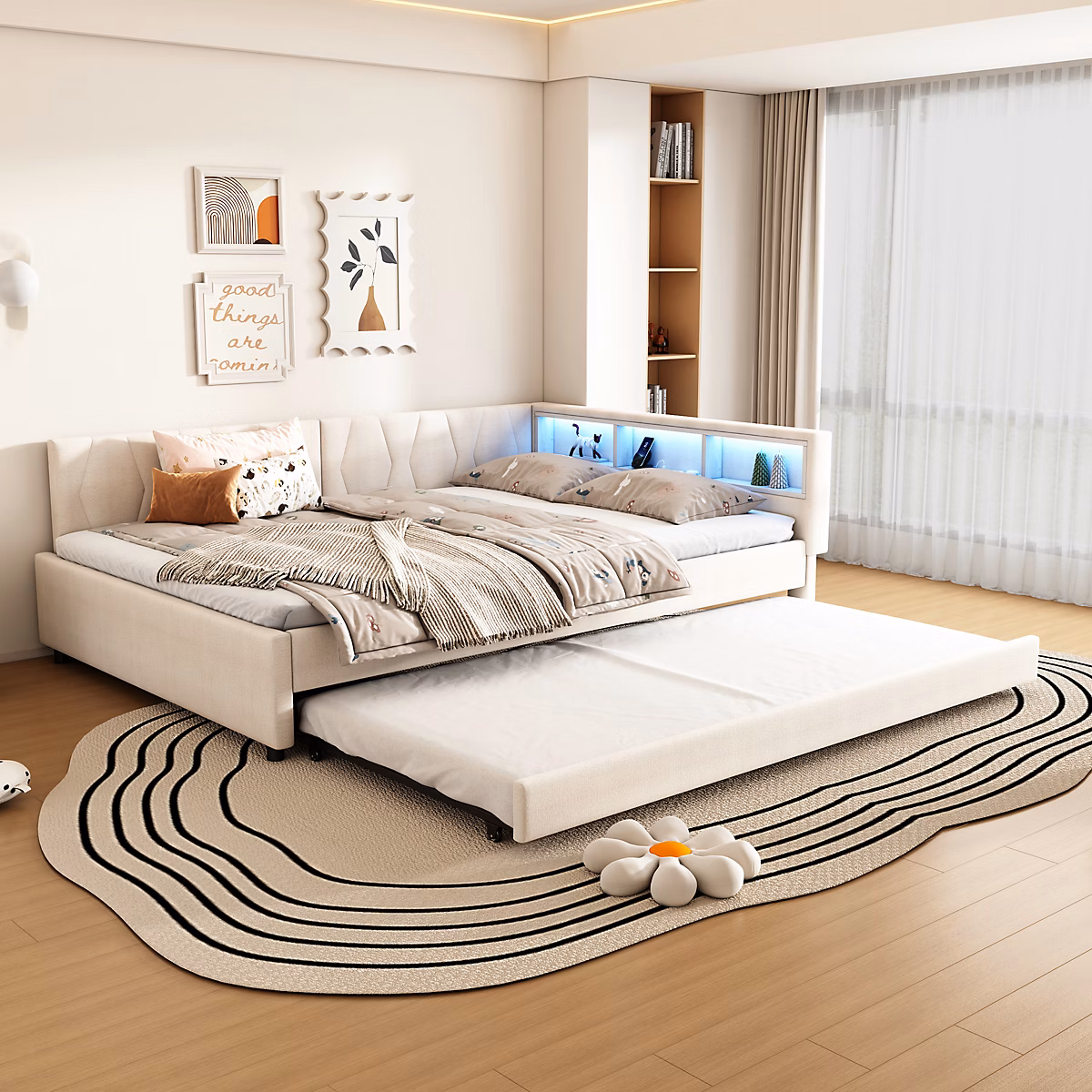 Canapé 3 places convertible avec coffre de rangement – couchage d'appoint, revêtement tissu gris et pieds bois