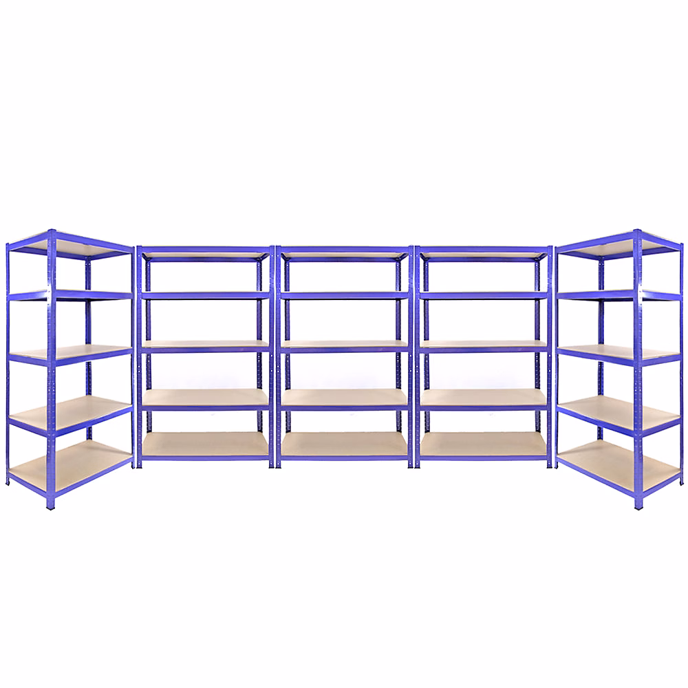 3 Rayonnages Q – Rax Bleus 120cm x 50cm x 182cm & 2 Rayonnages Q, Rax Bleus 90cm x 50cm x 182cm