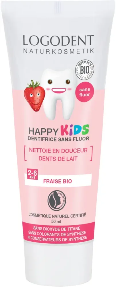 Gel Happy Kids fraise bio sans fluor Logodent - 50 ml
