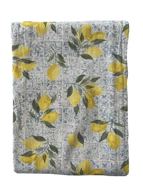 Nappe en coton bleu denim Amalfi avec décor citrons jaunes - 150 x 250 cm