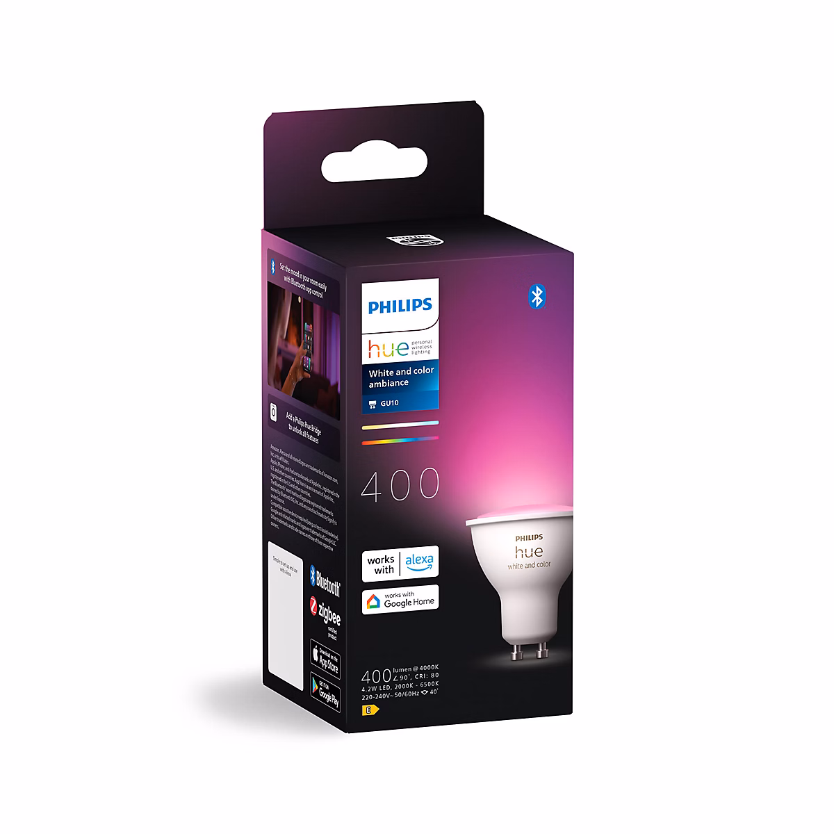 Ampoule LED GU10 spot connectée RVB blanc variable 400 lm dimmable 4 – 2W Philips Hue