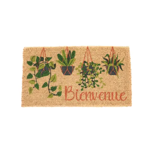 Paillasson en fibre de coco motif plantes vertes en pot Bienvenue - 72 x 40 cm