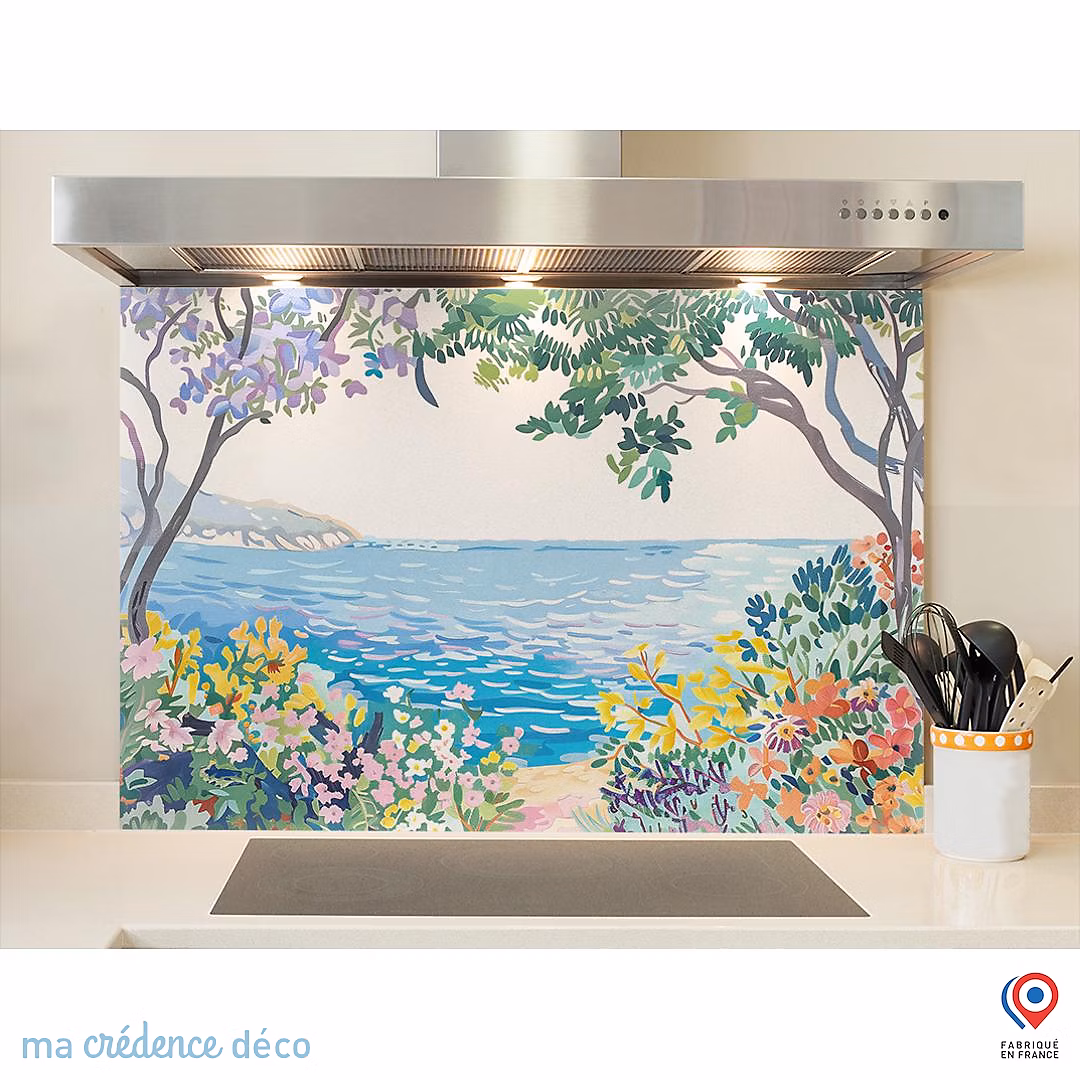 Crédence cuisine fond de hotte fleur – mer et dessin coloré, Verre trempé, L 60 cm x H 45 cm, MaCrédenceDéco