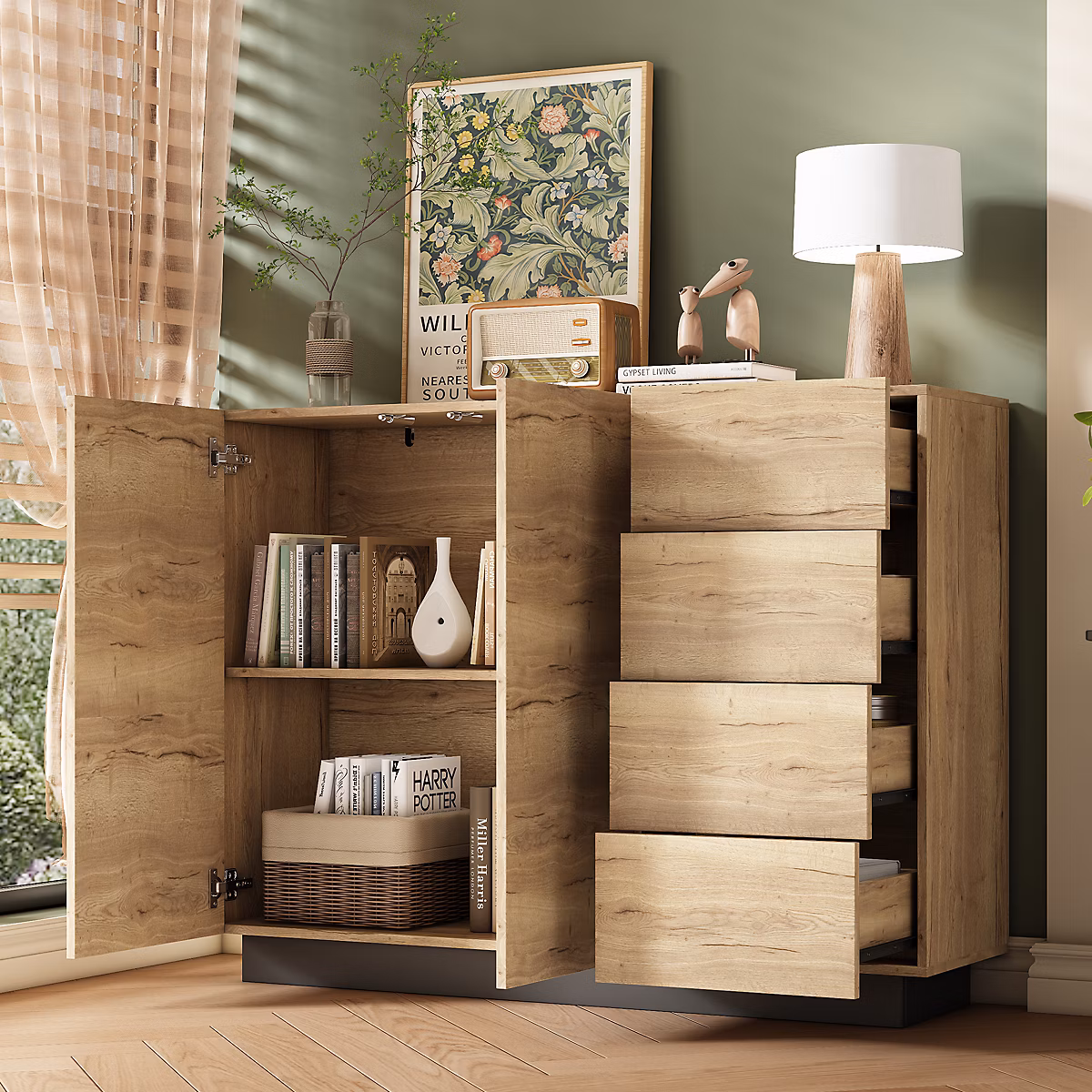 Buffet Commode avec 4 Tiroirs et 2 Portes | Rangement Fonctionnel pour Salon et Cuisine – Panneaux de Particules – Noir et Naturel
